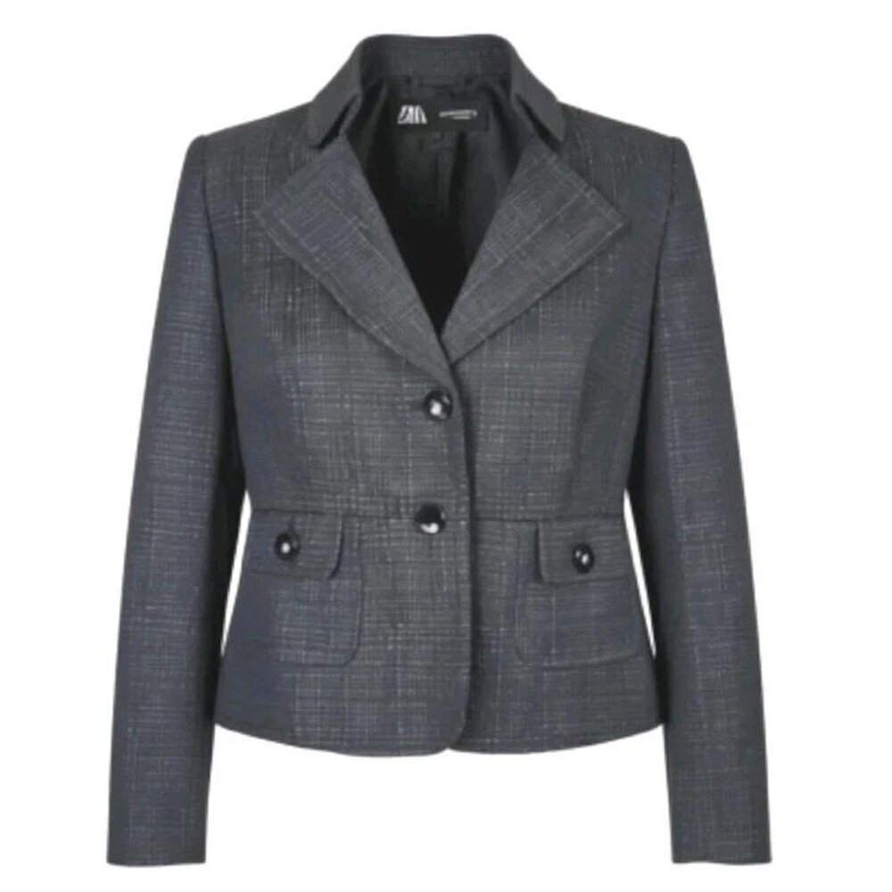 Le Suit Blazer Size 8P Black Silver Thread Textured Button Flap Pockets Lined